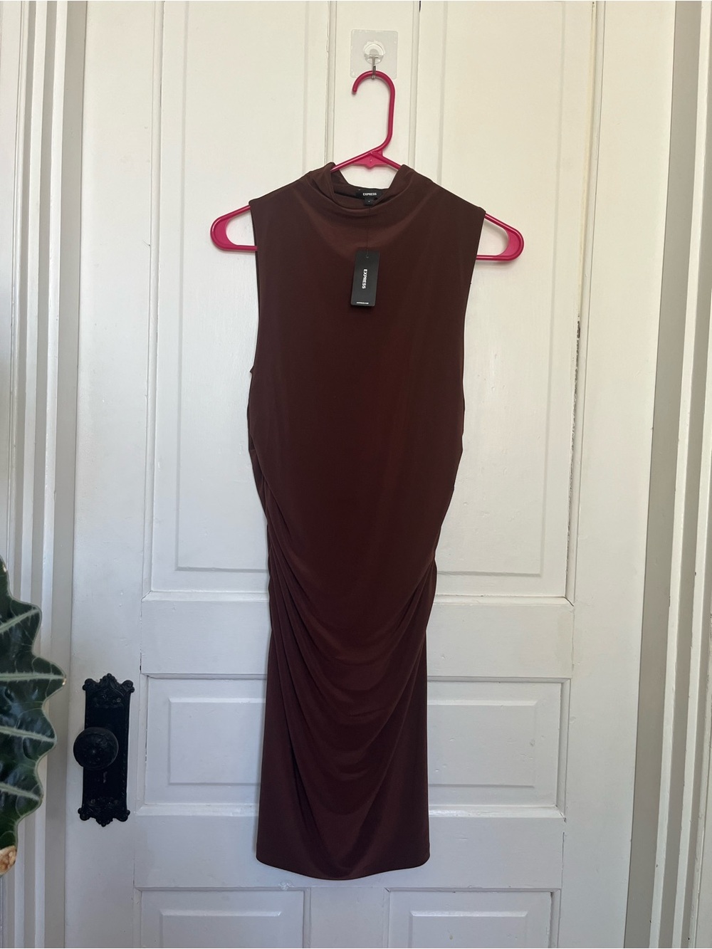 Express Brown Sleeveless Mock Neck Ruched Midi Dress